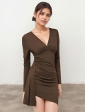 Women Sexy V Neck Ruched Mini Dress Long Sleeve Slim Fit Bodycon Draped Slit Pencil Dress Solid Color Polyester Spandex Clubwear Autumn Winter Fashion