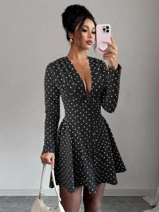 Women's Polka Dot Long Sleeve Mini Dress V Neck Tie Front A-Line Ruffle Hem Short Dress For Party Dating Fashion 95% Polyester 5% Elastane