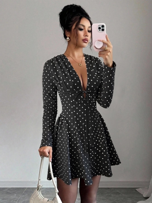 Women's Polka Dot Long Sleeve Mini Dress V Neck Tie Front A-Line Ruffle Hem Short Dress For Party Dating Fashion 95% Polyester 5% Elastane