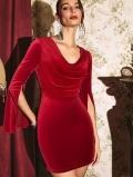 Women's Sexy Wine Red Velvet Bodycon Mini Dress With Slit Long Sleeves And Cowl Neck Elegant Backless Evening Party Cocktail Dress