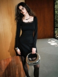 Women Elegant Black Lace Trim Square Neck Bodycon Dress Long Sleeve French Hepburn Style Slim Fit Mini Knit Dress For Party Daily Chic Evening Clubwear