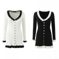 Women's Long Sleeve Knit Dress Contrast Color Ruffle V-Neck Mini Dress With Gold Buttons Elegant Slim Fit Streetwear Party Dress