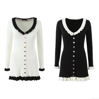 Women's Long Sleeve Knit Dress Contrast Color Ruffle V-Neck Mini Dress With Gold Buttons Elegant Slim Fit Streetwear Party Dress