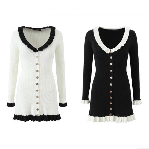Women's Long Sleeve Knit Dress Contrast Color Ruffle V-Neck Mini Dress With Gold Buttons Elegant Slim Fit Streetwear Party Dress