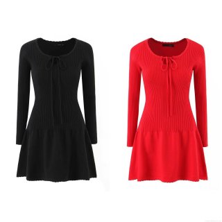 Women's Long Sleeve Knit Mini Dress Ribbed A-Line Dress With Bow Tie Round Neck Slim Fit Autumn Winter Casual Party Solid Color Streetwear