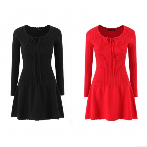 Women's Long Sleeve Knit Mini Dress Ribbed A-Line Dress With Bow Tie Round Neck Slim Fit Autumn Winter Casual Party Solid Color Streetwear