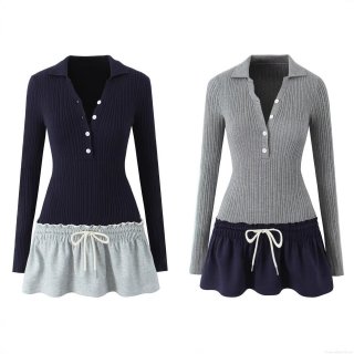 Women's Autumn V-Neck Long Sleeve Color Block Patchwork Knit Mini Dress With Drawstring Waist Slim Fit Ribbed Knitted Short Dress For Women Streetwear