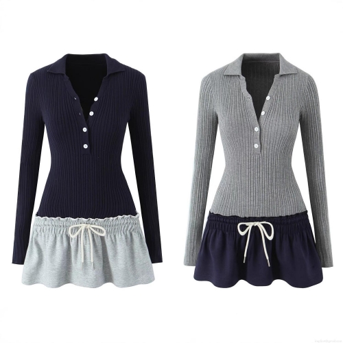 Women's Autumn V-Neck Long Sleeve Color Block Patchwork Knit Mini Dress With Drawstring Waist Slim Fit Ribbed Knitted Short Dress For Women Streetwear