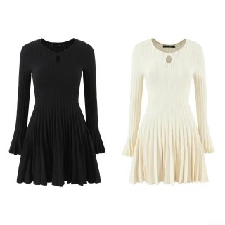 Women's Sexy Hollow Out Knitted Mini Dress Long Flare Sleeve Round Neck Pleated A-Line Sweater Dress Elegant Slim Fit Ribbed Knit Short Dresses For Party Streetwear Autumn