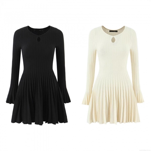 Women's Sexy Hollow Out Knitted Mini Dress Long Flare Sleeve Round Neck Pleated A-Line Sweater Dress Elegant Slim Fit Ribbed Knit Short Dresses For Party Streetwear Autumn