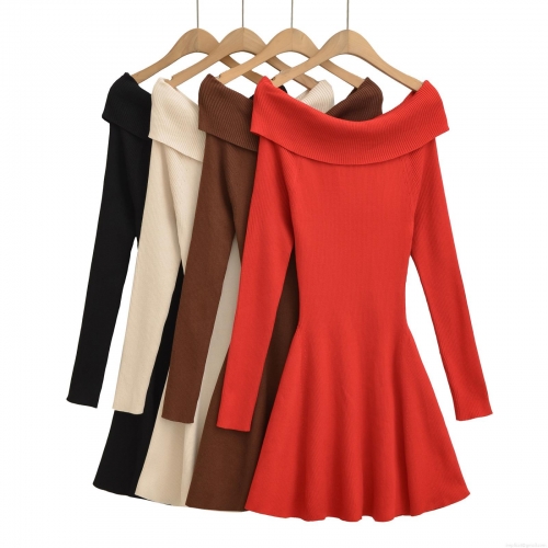 Women Off-Shoulder Backless Bow Decoration Ribbed Knit Mini Dress Rayon Nylon Blend Long Sleeve Slim Fit A-Line Pullover Dress For Party Streetwear
