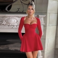 Women's Elegant Slim Fit Long Sleeve Mini Dress Square Neck Bow Detail Sexy Bodycon A-Line Dress 95% Polyester 5% Spandex Solid Color Party Date Night Outfit