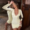Sexy Mesh Patchwork Long Sleeve Bodycon Mini Dress For Women Deep V Neck Slit Tight Club Party Evening Night Out Outfit