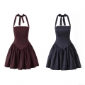 Women Halter Neck Mini Dress Polyester Spandex Satin Backless Tie-Up High Waist Bubble Hem Flared Party Club Evening Dating Summer Short Dress