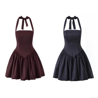 Women Halter Neck Mini Dress Polyester Spandex Satin Backless Tie-Up High Waist Bubble Hem Flared Party Club Evening Dating Summer Short Dress