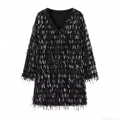 Women Sexy V-Neck Long Sleeve Sequin Fringe Dress Sparkly Tassel Bodycon Mini Party Dress For Club Night Prom Evening Wedding Polyester Sequin Dress
