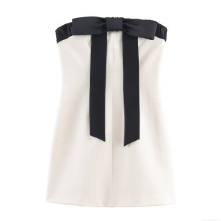 Women's Sexy Black and White Contrast Color Bandeau Mini Dress With Large Satin Bow Elegant Strapless Bodycon Party Cocktail Clubwear Dress Slim Fit Short Outfits