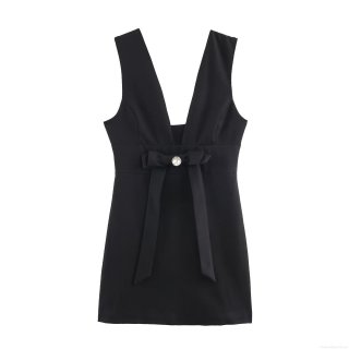 Women's Sleeveless Deep V-Neck Mini Dress With Rhinestone Bow Decor Elegant Black Polyester Spandex Bodycon Party Clubwear Dresses For Lady