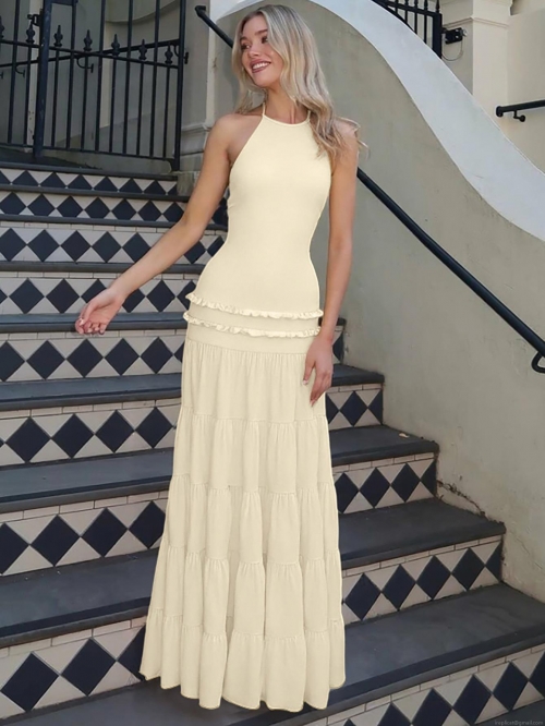 Women Sexy Halter Backless Maxi Dress 95% Polyester 5% Spandex Tiered Layered Cake Skirt Ruffle Long Dress For Summer Vacation Party Elegant Evening Gown