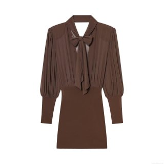 Women Elegant Dark Brown Long Sleeve Bodycon Dress Bow-tie Neck Chiffon Patchwork Mini Party Dress For Women Office Lady Fashion