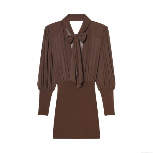 Women Elegant Dark Brown Long Sleeve Bodycon Dress Bow-tie Neck Chiffon Patchwork Mini Party Dress For Women Office Lady Fashion