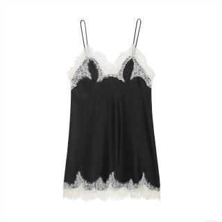Women's Sexy Black Satin Lace Trim Spaghetti Strap Dress Sleeveless V-Neck Mini Dress For Summer Street Style Party Nightclub Clubwear