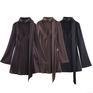 Women's Satin Texture Mini Dress V-Neck Scarf Tie-Neck Long Flare Sleeve Solid Color Elegant Streetwear Spring Party Dress For Ladies