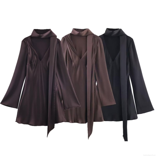 Women's Satin Texture Mini Dress V-Neck Scarf Tie-Neck Long Flare Sleeve Solid Color Elegant Streetwear Spring Party Dress For Ladies