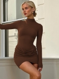 Women's Sexy Ruched Bodycon Mini Dress Long Sleeve Mock Neck Slim Fit Back Zipper Summer Fashion Solid Color Polyester Spandex Club Party Dress For Ladies