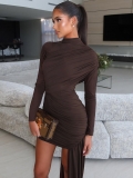 Women's Sexy Ruched Bodycon Midi Dress Elegant Asymmetric Drape Long Sleeve High Neck Slim Fit Polyester Spandex Solid Color Party Club Dress