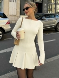 Women French Style Long Sleeve Mini Dress Polyester Spandex Slim Fit Pleated Skirt Round Neck Beaded Elegant Evening Party Office Lady Bodycon Dress