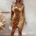 Sexy V Neck Sequin Velvet Patchwork Bodycon Dress Long Sleeve Slim Fit Ruched Party Cocktail Evening Mini Dresses For Women