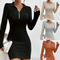 Women's Sexy Long Sleeve Knit Ribbed Mini Dress Half Zip Polo Collar Bodycon Sweater Dress Slim Fit Solid Color Casual Fall Winter Short Dress