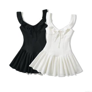 Women's Summer U-Neck High Elastic Ribbed Knit Mini Dress With Bow Tie Front Ruffle Detail Sleeveless Pleated A-Line Flare Skater Dress Streetwear For Party Beach