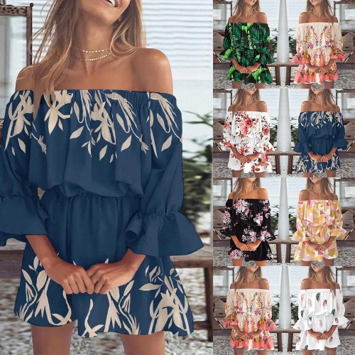 Women's Sexy Off-Shoulder Floral Print Mini Dress Ruffle Flare Sleeve A-Line Summer Beach Vacation Polyester Spandex Dress