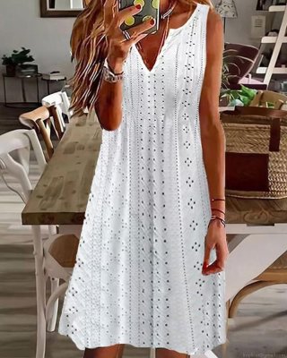Women's Hollow Out Eyelet Embroidery V Neck Sleeveless Dress Summer Casual Loose Solid Color Mini Dress For Women Vacation Beach Party Wear