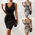 Women's Sexy Metallic V-Neck Sleeveless Ruched Bodycon Dress Party Club Night Out Shiny Polyester Spandex Mini Dress With Buttons Decoration
