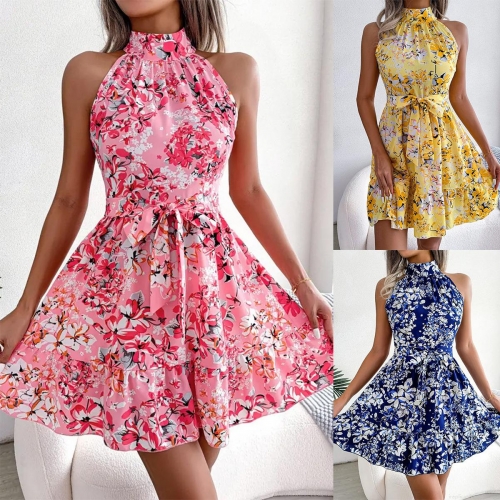 Summer Floral Halter Neck Mini Dress Sleeveless High Waist Tie Belt A-Line Ruffle Hem Polyester Spandex Casual Vacation Party Elegant Women Dress