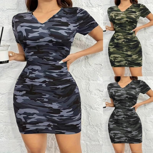 Women Summer Camouflage Print V Neck Short Sleeve Mini Dress Slim Fit Bodycon Casual Milk Silk Club Party Outfits Stylish Skinny Dress