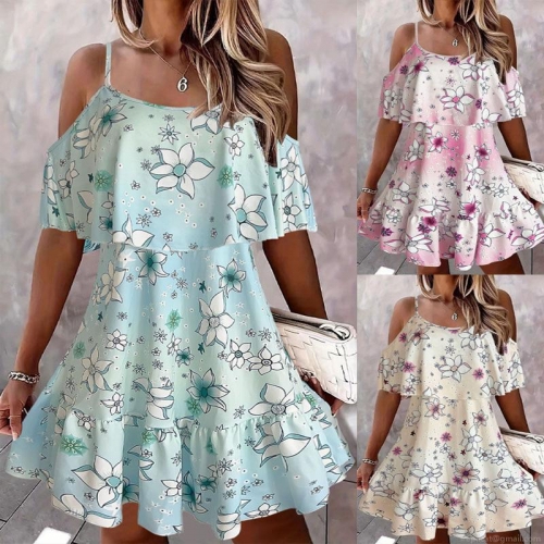 Women Summer Floral Print Cold Shoulder Ruffle Dress Bohemian Spaghetti Strap Off-Shoulder Sundress Casual Vacation Short Mini Dress
