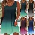 Women's Summer Sleeveless V-Neck Gradient Ombre Print A-Line Mini Dress Casual Beach Loose Strappy Sundress For Ladies