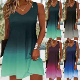 Women's Summer Sleeveless V-Neck Gradient Ombre Print A-Line Mini Dress Casual Beach Loose Strappy Sundress For Ladies