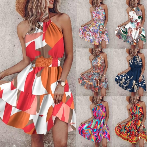 Women Summer Halter Backless Boho Paisley Print Dress Tiered Ruffle Sleeveless Beach Vacation A-Line Sundress