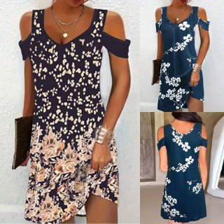 Women's Summer Cold Shoulder V-Neck Mini Dress Casual Floral Print Leopard Patchwork Short Sleeve High Waist Pullover Slim Dress