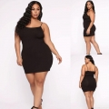 Plus Size Sexy Bodycon Camisole Dress Polyester Spandex Solid Black Sleeveless Mini Dress for Women Summer Party Clubwear Casual Night Out