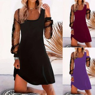 Women's Elegant Mesh Splicing Long Sleeve Dress U-Neck Slim Fit Solid Color Polyester Spandex Dress For Party Casual Wear