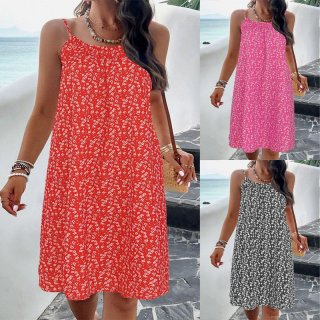 Women's Summer Floral Print Sleeveless Slip Dress Elegant High Waist A-Line Mini Dress Polyester Spandex Vacation Beach Sun Dress For Women