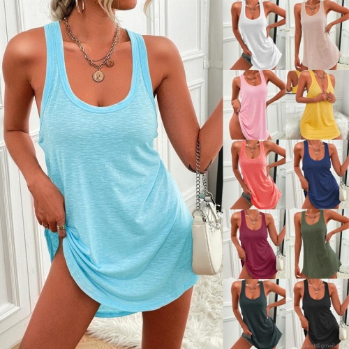 Women's Casual Sleeveless Racerback Tank Dress Solid Color U-Neck Slub Knit Texture Mini Sundress Mid-Length Slim Fit Summer Beachwear Daily Top