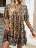 Women's Bohemian Printed V-Neck Short Sleeve Dress Summer Casual Ethnic Paisley A-Line Ruffle Midi Dress For Vacation Beach