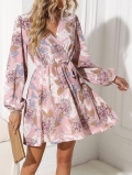 Women Floral Print V-Neck Tie Waist Mini Dress Long Sleeve Wrap A-Line Polyester Spandex Casual Spring Summer Vacation Party Elegant Bohemian Dress